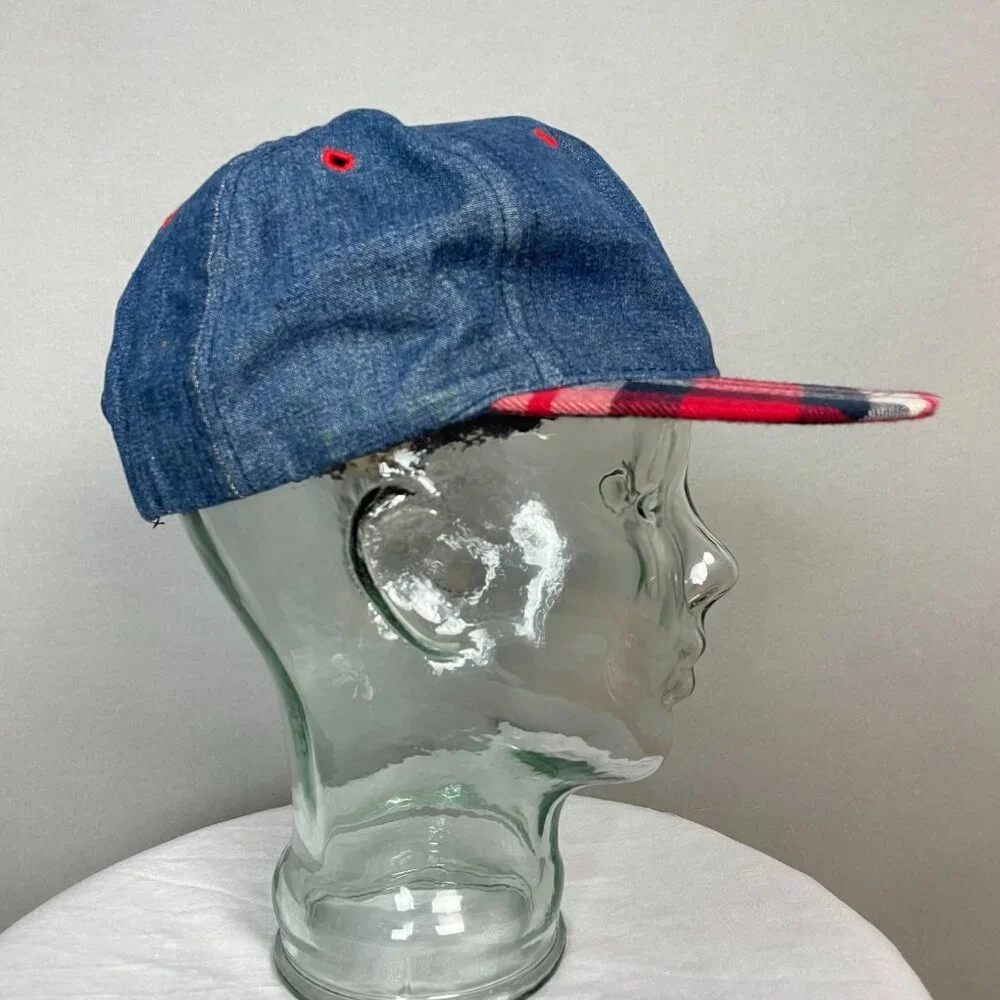 Otto Baseball Hat Denim Style Red‎ Plaid Cotton One Size Classic Retro Sporty